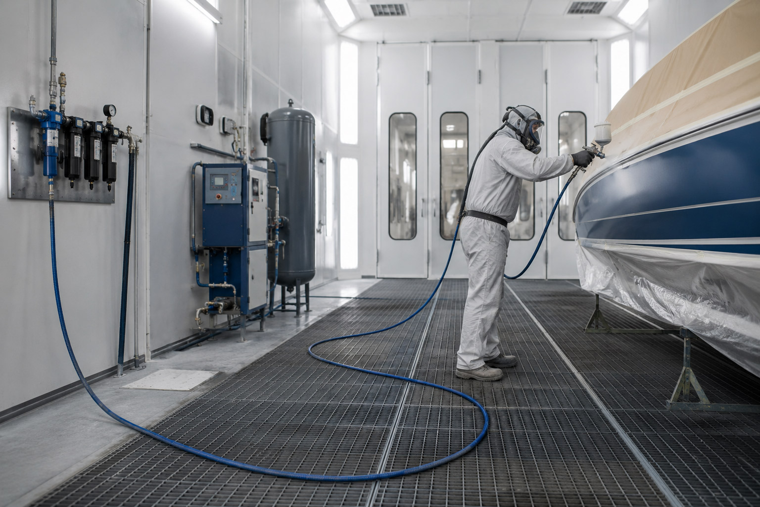 Pintor en cabina de pintura aplicando acabado con máscara de aire asistido, alimentada por la línea de aire comprimido tratado